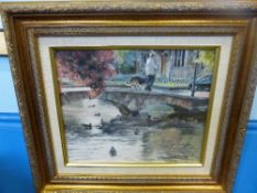 Hamish Grant 1937 - 2013 Original Oil on Board, of a Bridge Scene Bourton on the Water, 30 x 23 cms.