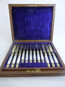 Set of Twelve Gilded Victorian Fruit Knives and Forks, Mother of Pearl handles with foliate