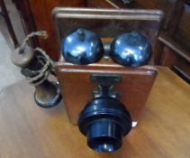 Mahogany and Brass Wall phone, two brass bell rings to the top - Bakelite mouth and ear piece.