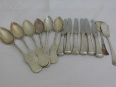 Solid Silver Continental Cutlery comprising six spoons, six silver handled knives, butter knife