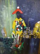 Acrylic Work on Canvas, Artist unknown, depicting a colourful Court Jester 80 x 102 cms, framed.