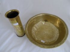 Arts and Crafts Brass Bowl, the bowl with hammered finish is 41 cms together witha WW2 Shell