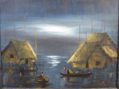 Original Oil on Board depicting a Cambodian Moonlit Fishing Village, understood to be painted by a