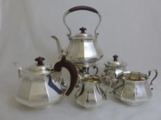 Solid Silver Five Piece Tea Set, comprising Tea Pot, Spirit Stand, Two Burners, Spirit Kettle,