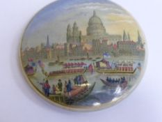 Two Pratt Ware Pot Lids, circa 1860 depicting `St Paul`s Cathedral River Pageant` and the other `