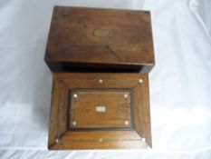 Mahogany writing slope with central brass plaque together with an oak box with mother of pearl