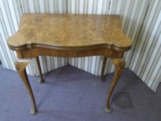 A walnut topped open leaf card table by H Shaw London on cabriole legs, approx. 75 x 46 x 74 cms (