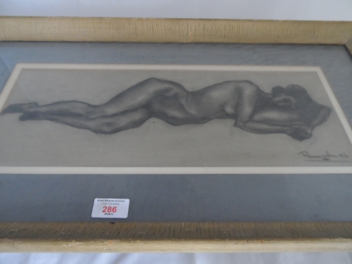 Charcoal Drawing of a naked lady resting on a pillow signed Pannington dated 1946, provenance New