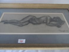 Charcoal Drawing of a naked lady resting on a pillow signed Pannington dated 1946, provenance New