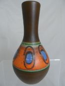 German Pottery Vase Terracotta with orange and blue design. 22 cms.