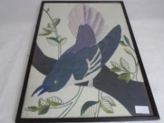 Embroidered panel depicting an exotic bird, the panel being of silk and cotton, approx. 13 x 37