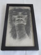 Misc. collection of art incl. a charcoal depicting a woman 14 x 7 cms, an etching depicting the wind