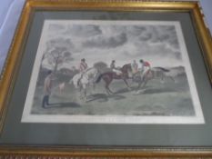 Pair of coloured racing engravings by Charles Hunt & Son, London entitled “Resting at the Post” and”