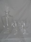 French Lalique - eight wine glasses and a decanter, etched Lalique France, Art Deco in style