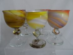 Danish Per Lutken for Holme Gaard Glass six hand blown goblets of various colours.