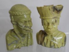 Two green marble carved figures of African figures one depicting an elder zulu Genitor Kari, the