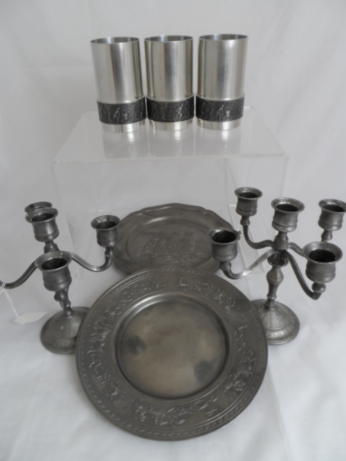 Six Pewter tankards with friezes to base depicting Welsh miners, stamp to base. German ASN mark to