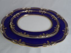 Spode Lancaster Cobalt Pattern two oval platters, the design incorporates a serpentine, gilded