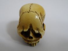 Japanese ivory netsuke in the form of an intricately carved human skull having well defined