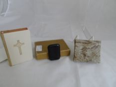 Collection of miscellaneous items vintage leather lined snake skin cigarette case, vintage miniature