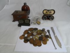 Collection of misc. items incl. foreign and other coins, 1887 half crown and 1844 shilling, five