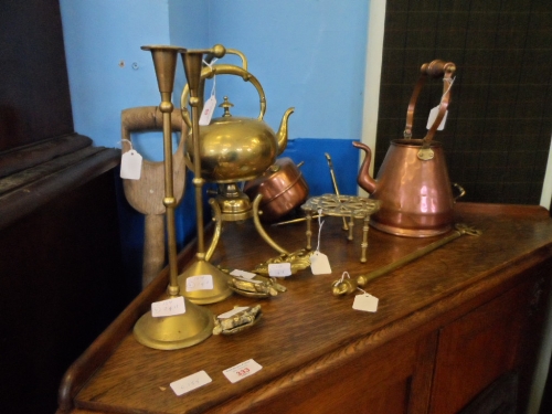 Collection of misc. brass and copper incl. copper kettle and stand,  copper pouring jug, copper