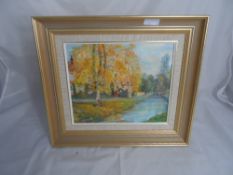 Fred J.Pegg original on board depicting Lower Slaughter and the River Eye entitled `Autumn in