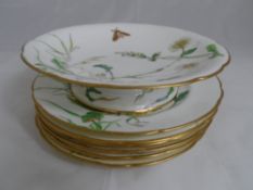 Seven Minton Cabinet Plates depicting moths and herbs and a Minton cake plate together with two
