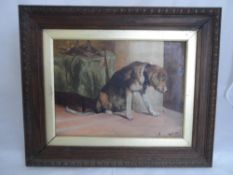 B Arkell - three original paintings depicting a hound approx .30 x 23 cms, Tintern Abbey approx.