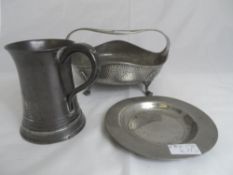 Collection of misc. pewter incl. circa 1920`s craftsman hammered fruit bowl on lion claw feet,