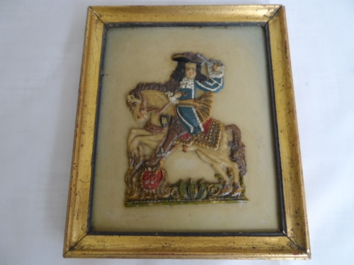 Antique wax work of a cavalier, labelled to back Nr. 31 RItter, Klein, zu Pferd, Gebruder