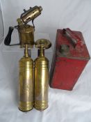Miscellaneous Brass including two antique brass wall-mount fire extinguishers, vintage blow torch