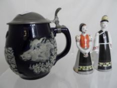 Vintage blue and white German stein depicting stag, turkey and boar, impressed marks to base approx.