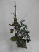 Oriental Brass Wire Tree with possibly Jade leaves and brass bells together with a antique brass