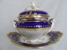Spode Lancaster Cobalt Pattern, lidded sauce boat and saucer together with a gravy boat and saucer