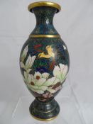 Chinese Cloisonné Vase depicting magnolia, blossoms and two gold crested birds. 21 cms.