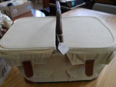 Contemporary Linen Picnic Hamper containing drinking glasses, cutlery.