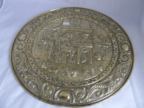 Large ornate brass tray together with two brass horse figures, two horse brasses and a brass ashtray