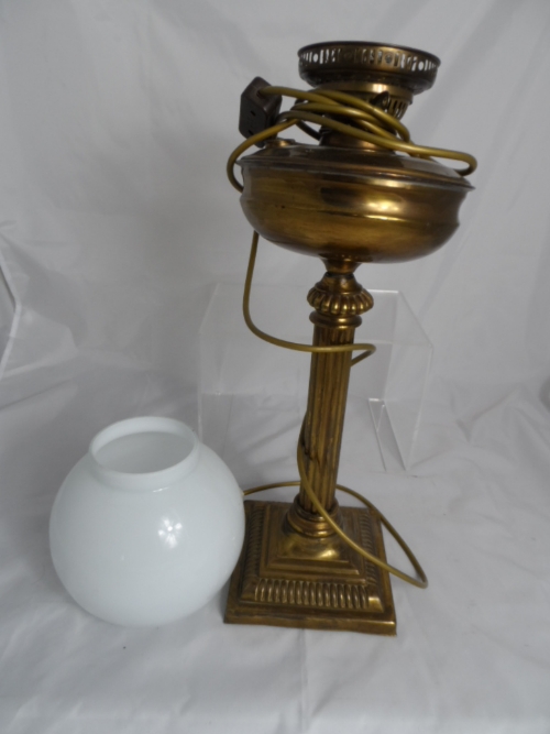 Victorian Glass Oil Lamp, the lamp features a white glass shade, funnel missing.
