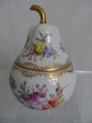 Dresden Porcelain sucrier and cover hand painted in the form of a pear, the jar having floral
