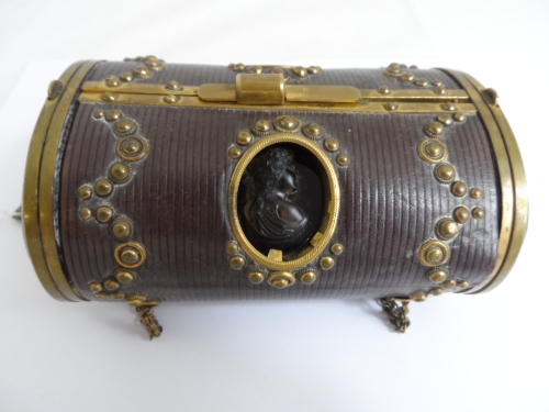Circa 19th century French leather and ormolu lozenge silk lined chatelaine sewing box, stamped B T E