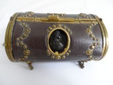 Circa 19th century French leather and ormolu lozenge silk lined chatelaine sewing box, stamped B T E