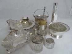 Collection of misc. silver plate incl. scalloped shaped bon bon dish, sugar bowl, clothes brush,