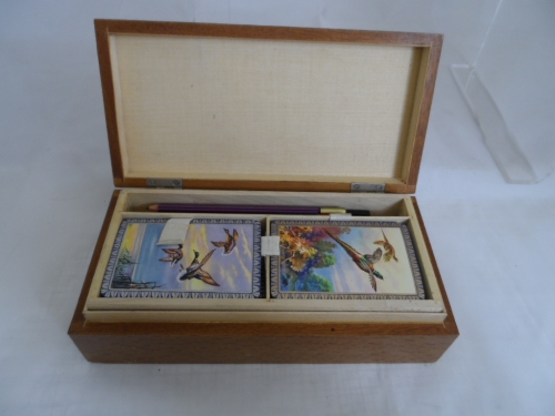 Small lidded games box, containing in the top tray, two packs of playing cards, with Pheasants and