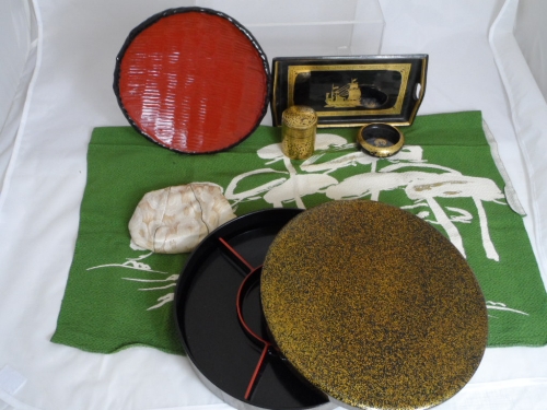 Collection of misc. Japanese items incl. lacquer ware, tray, two dishes and circular lidded
