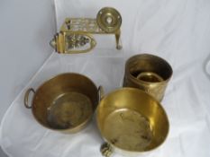 Miscellaneous brass including a bell push, door knocker and brass door handles, jam pan, plant pot