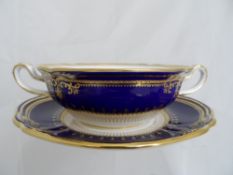 Spode Lancaster Cobalt Pattern twelve double handled soup bowls and saucers the design