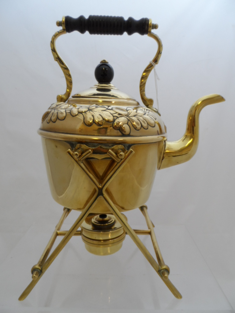 Brass Spirit Kettle, the brass spirit kettle having ebonised handles.