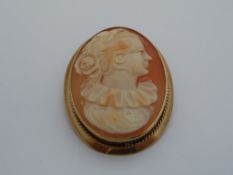 9ct gold hallmarked cameo, The shell cameo pendant carved with a classical lady female profile.