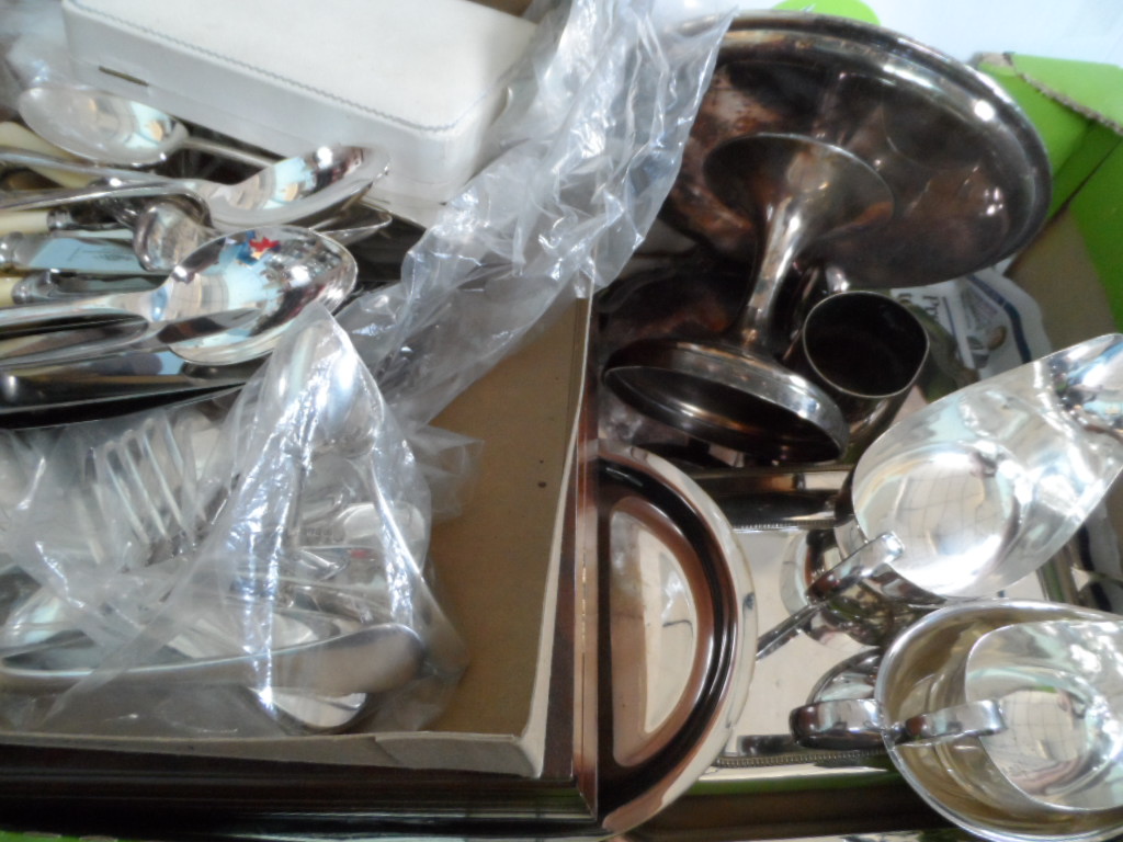 Miscellaneous Silver Plate including knives, forks, spoons, ladle, salver, cake stand, gravy boat
